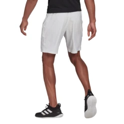 Adidas Men's Club Stretch Woven 9-Inch Shorts (White/Black) -Racquet Guys Sports GH7222 APP on model back white 29f7829f 09eb 48a0 b5b7 20e53a10cb66