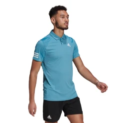 Adidas Men's Club 3 Stripes Polo (Hazy Blue/White) -Racquet Guys Sports GL5422 APP on model walking white