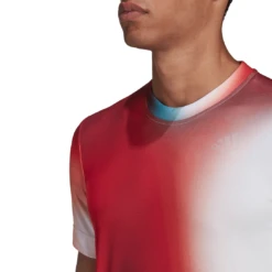 Adidas Men's Melbourne FreeLift Printed Top (White/Vivid Red/Black) 17 Adidas Men's Melbourne FreeLift Printed Top (White/Vivid Red/Black) -Racquet Guys Sports H67126 APP on model detail 2 white