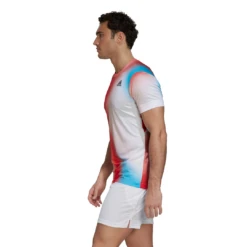 Adidas Men's Melbourne FreeLift Printed Top (White/Vivid Red/Black) 13 Adidas Men's Melbourne FreeLift Printed Top (White/Vivid Red/Black) -Racquet Guys Sports H67126 APP on model side white