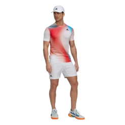 Adidas Men's Melbourne FreeLift Printed Top (White/Vivid Red/Black) 15 Adidas Men's Melbourne FreeLift Printed Top (White/Vivid Red/Black) -Racquet Guys Sports H67126 APP on model standard outfit white