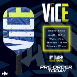 Diadem VICE Pickleball Paddle -Racquet Guys Sports ViceTechSheetWebsite